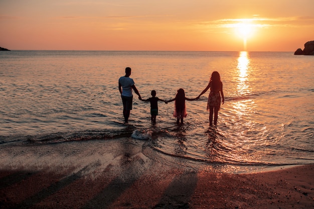 Una grande famiglia di quattro persone si gode il tramonto. Vista posteriore