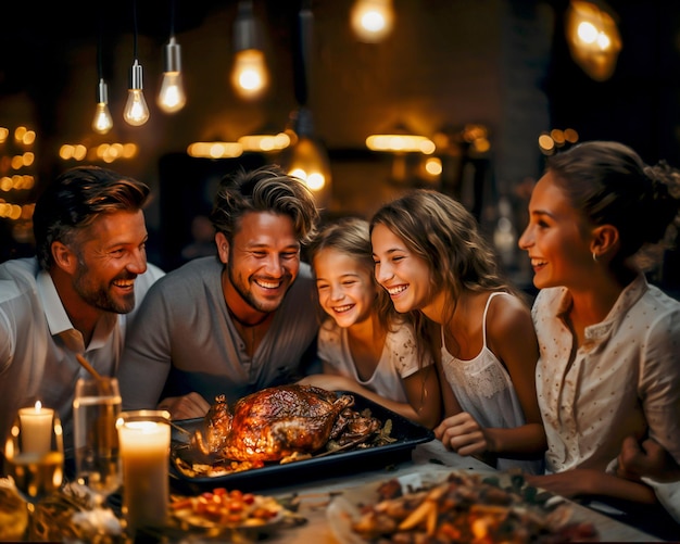 Una grande famiglia felice celebra il Natale in un ristorante Il piatto principale sulla tavola festiva è il tacchino arrosto