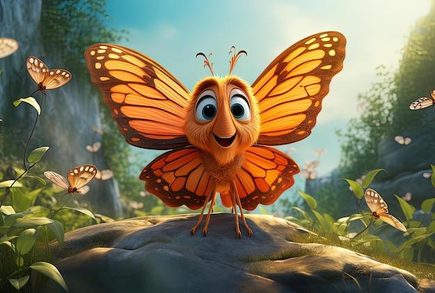 una grande farfalla di cartone animato arancione è in piedi su una roccia nello stile del pioniere del film d'animazione