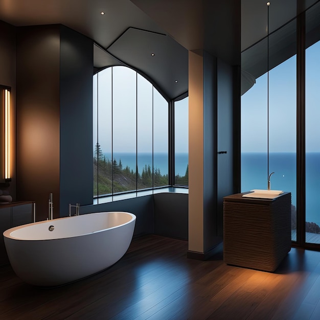 Una grande finestra con vista sull'oceano e una vasca da bagno