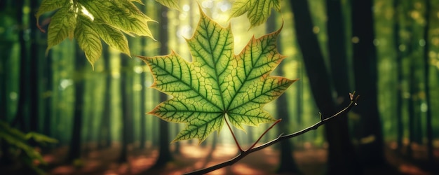 Una grande foglia verde in primo piano una foresta scura sullo sfondo