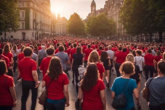una grande folla di attivisti che indossano magliette rosa rosse marciano in pace per il tramonto dei diritti delle donne in città