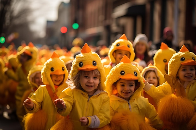 Una grande folla di bambini in costumi di anatra gialla durante una parata del Festival di strada della città