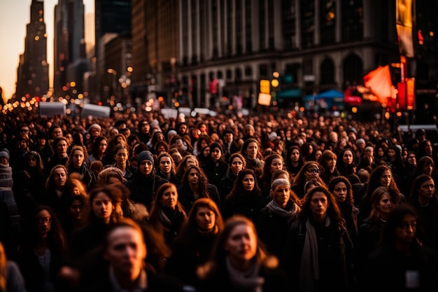 una grande folla di persone marcia al tramonto tiene le candele per il tramonto dei diritti delle donne pacifiste in città