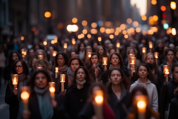 una grande folla di persone marcia al tramonto tiene le candele per il tramonto dei diritti delle donne pacifiste in città