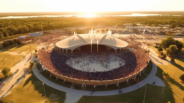 Una grande folla nella nuova arena viene mostrata al tramonto.