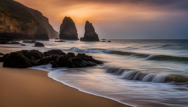 una grande formazione rocciosa è in acqua al tramonto