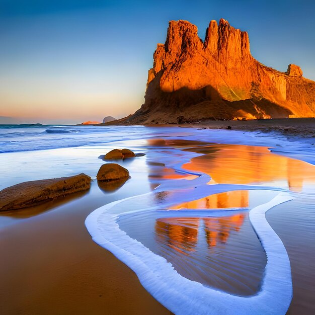 Una grande formazione rocciosa è visibile sulla spiaggia al tramonto.