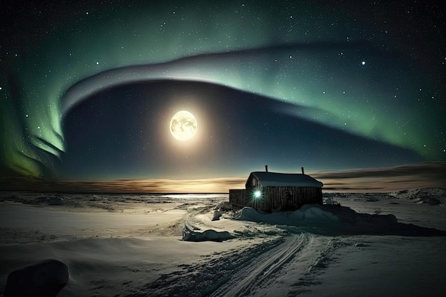 Una grande luna che sorge sopra l'orizzonte al Polo Nord con un paesaggio innevato che si estende sotto l'IA generativa