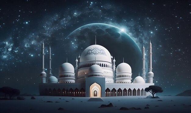 Una grande luna è sullo sfondo di una moschea.