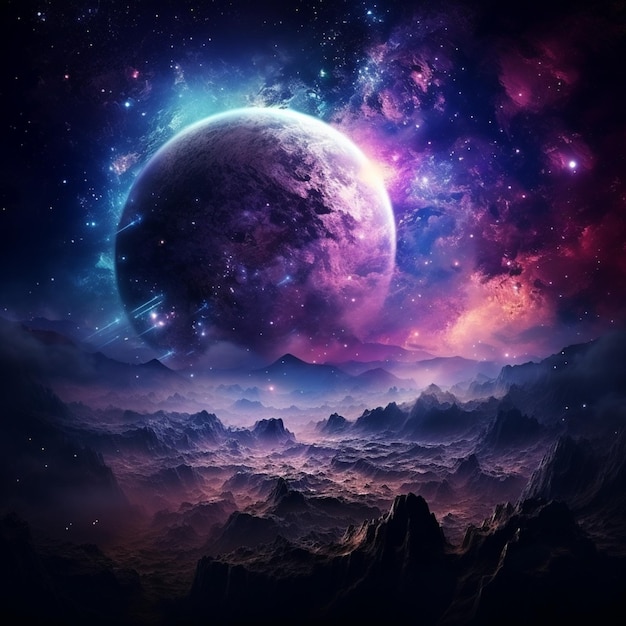 Una grande luna viola in una galassia colorata