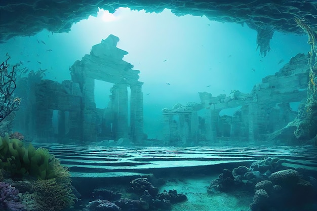 Una grande massa di acqua oceanica ricopriva il rendering 3D del tempio in rovina