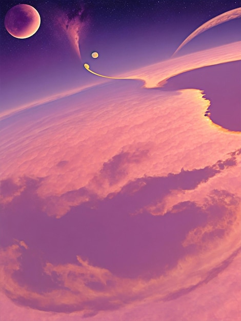 una grande mezzaluna dorata con alcune nuvole rosa nello stile di temi rosa viola chiaro e p chiaro