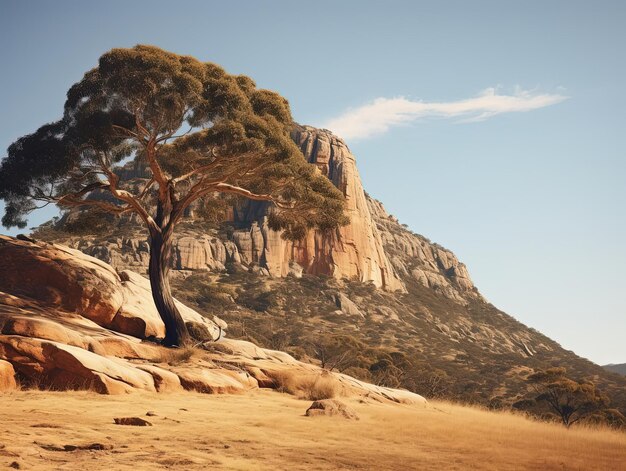 una grande montagna con un albero che cresce fuori dal lato di esso nello stile della scuola di Heidelberg