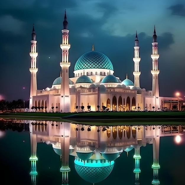 Una grande moschea bianca e verde con una cupola blu e la parola ramadan in cima.