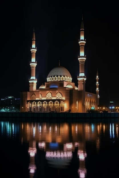 Una grande moschea con luci accese al buio