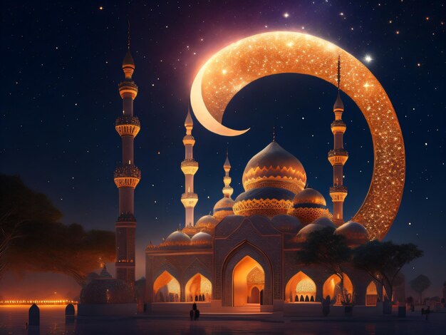 Una grande moschea con una falce di luna e una falce di luna sullo sfondo.