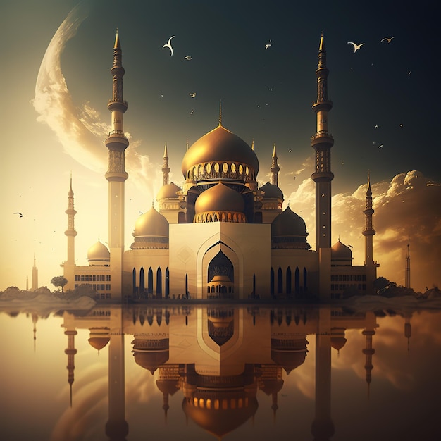 Una grande moschea con una luna e uccelli sullo sfondo.