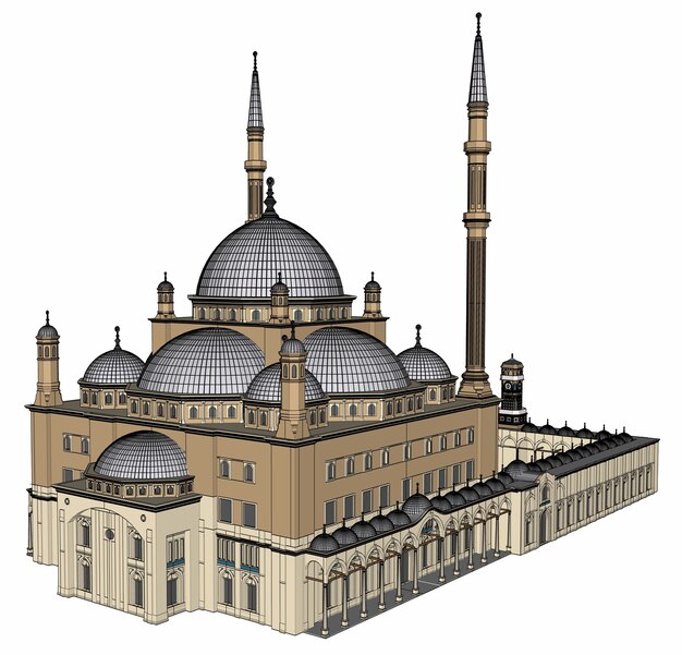 Una grande moschea musulmana, un'illustrazione tridimensionale raster con linee di contorno che evidenziano i dettagli della costruzione. rendering 3D.