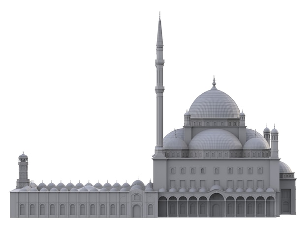 Una grande moschea musulmana, un'illustrazione tridimensionale raster con linee di contorno che evidenziano i dettagli della costruzione. rendering 3D.