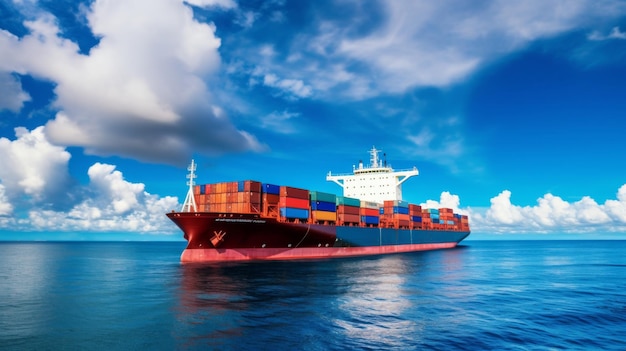 Una grande nave da carico carica di container colorati attraversa il vasto oceano sotto un cielo blu