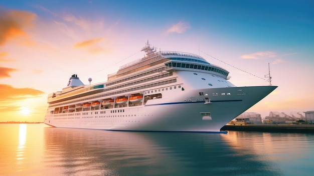 Una grande nave da crociera bianca si trova vicino al molo al tramonto vista laterale Tour caldo avventura viaggio vacanza estiva