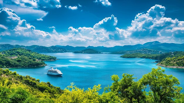 Una grande nave da crociera naviga nell'acqua fiancheggiata da lussureggianti alberi verdi in una baia tropicale