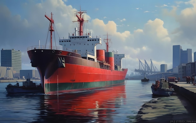 Una grande nave rossa è ormeggiata in un porto con una piccola barca in acqua.