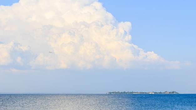 Una grande nuvola bianca sul mare un gabbiano nel cielo e un'isola