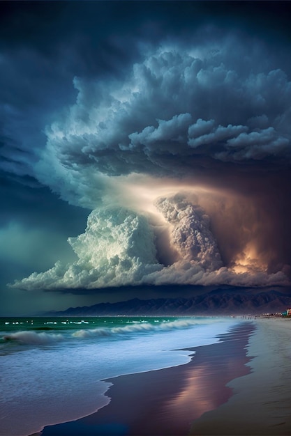 Una grande nuvola è nel cielo sopra una spiaggia generativa ai