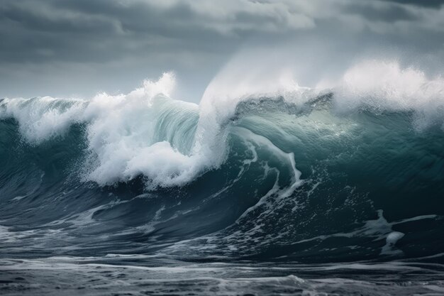 Una grande onda nell'oceano in una giornata nuvolosa IA generativa