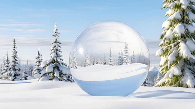 Una grande palla di vetro in cui si riflette la foresta innevata invernale