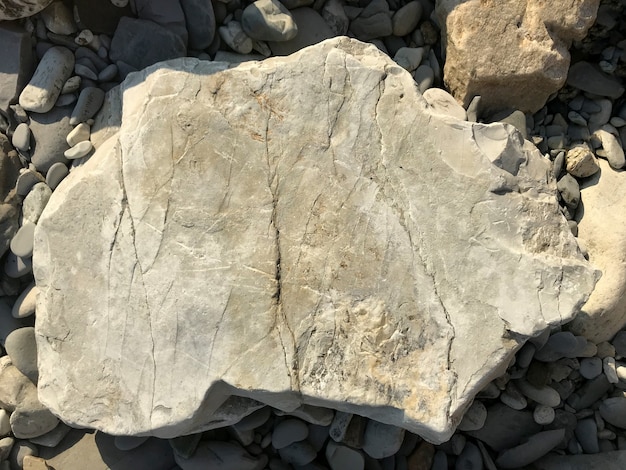 Una grande pietra giace su un ciottolo di mare sulla spiaggia. pezzo di roccia. Foto di alta qualità