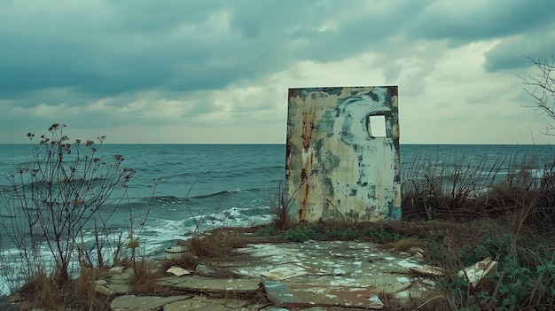 Una grande porta di metallo si erge da sola su una spiaggia rocciosa la porta è dipinta di blu e bianco il mare è ruvido e agitato