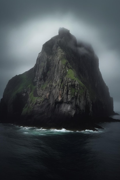 Una grande roccia con sopra un faro in mezzo all'oceano.