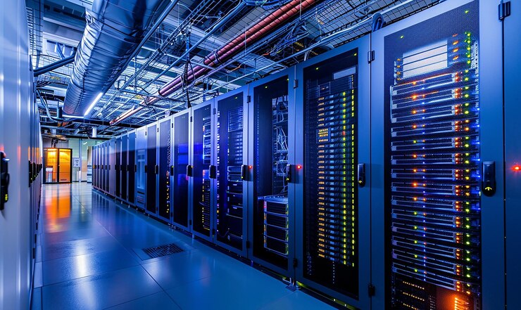 una grande sala computer con molte file di computer e una con la parola potenza in fondo