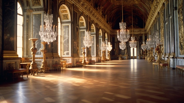 una grande sala con lampadari e lampadari al suo interno