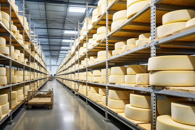 Una grande sala di produzione piena di molti scaffali e scaffali con diversi tipi di formaggio Il formaggio matura in una stanza speciale della fabbrica Produzione e stoccaggio del formaggio