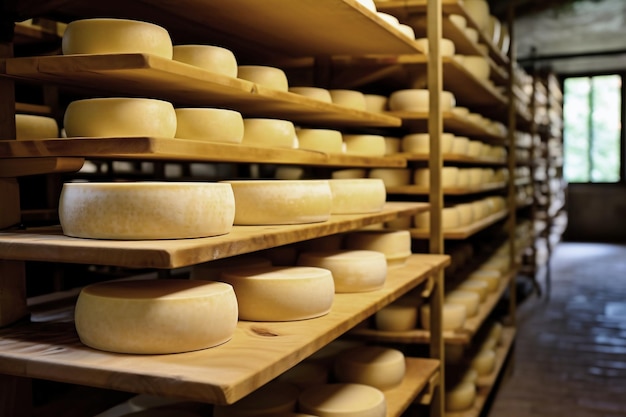 Una grande sala di produzione piena di scaffali e scaffali con diversi tipi di formaggio Il formaggio stagiona in una stanza speciale nello stabilimento Produzione e stoccaggio del formaggio