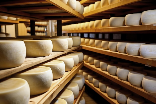Una grande sala di produzione piena di scaffali e scaffali con diversi tipi di formaggio Il formaggio stagiona in una stanza speciale nello stabilimento Produzione e stoccaggio del formaggio
