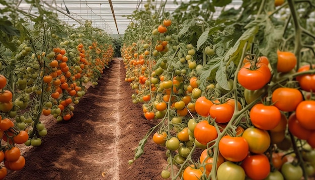 Una grande serra con molti pomodori