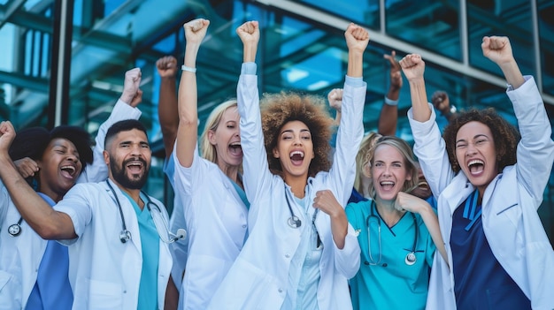 Una grande squadra medica multietnica in piedi acclamando e colpendo l'aria con i pugni mentre festeggiano un successo o si motivano