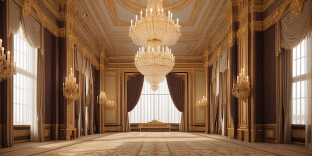 Una grande stanza adornata con opulente oro e pareti bianche