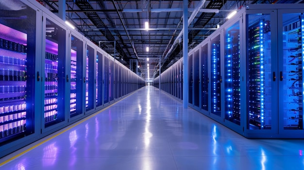 Una grande stanza con molti server di computer i server sono blu e sono allineati in file la stanza è ve