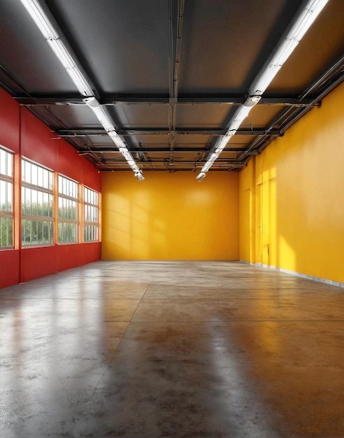 una grande stanza con pareti gialle e una parete rossa