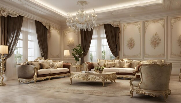 una grande stanza con un divano, sedie e un lampadario