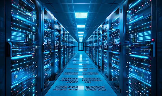 una grande stanza di stoccaggio con un computer blu con la parola potenza in fondo
