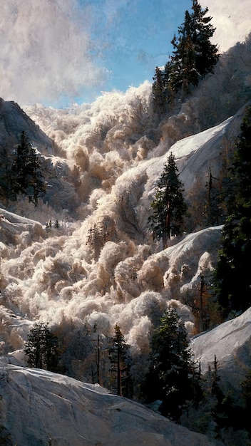 Una grande valanga che scende dalla montagna distrugge tutto sul suo cammino