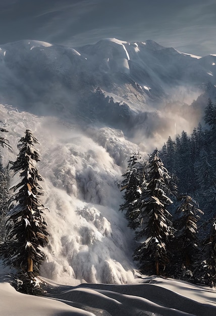 Una grande valanga che scende dalla montagna distrugge tutto sul suo cammino