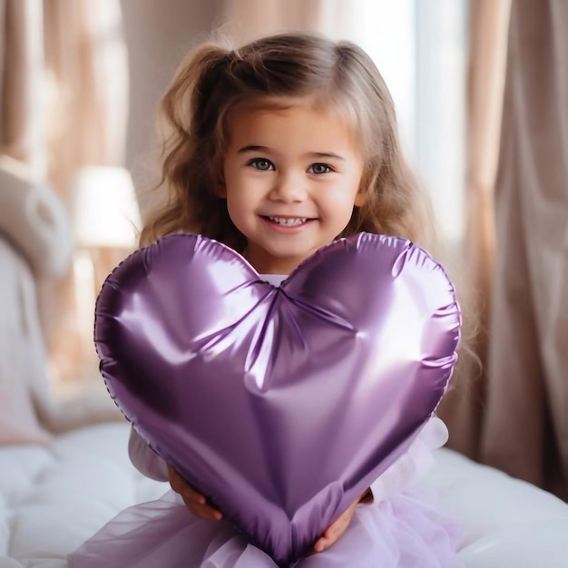 Una graziosa bambina di tre anni abbraccia un palloncino di carta viola a forma di cuore